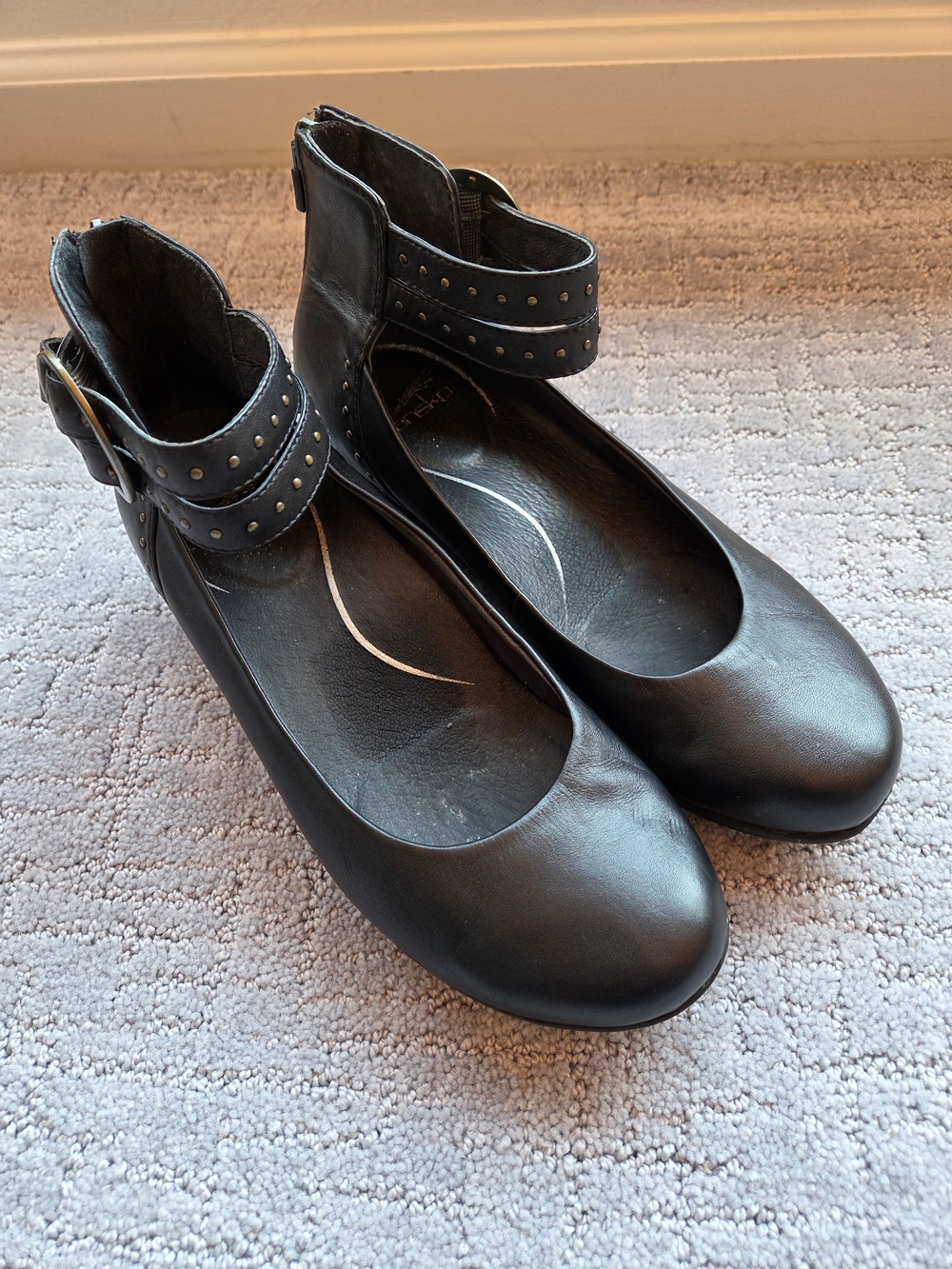 Dansko Black Studded Ankle-Strap Flats